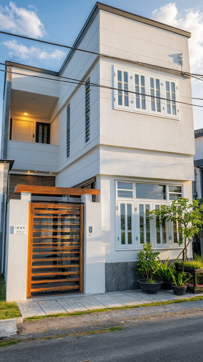 Raw photo, Masterpiece, high quality, best quality, authentic, super detail, outdoors, onestoreyvillaXL, aiaigroup, house style modern on the street ,stairs, white wall ,road,pavement, grass, trees, sky, cloud, (daylight:1.1)
