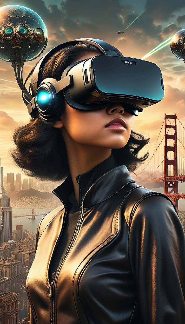 Vintage style avatar of a female  wearing a high tech VR headset, With an otherworldly San Francisco as a backdrop, A work that combines the complex and evocative forms of HR Giger and Beksiński with Art Gerhelm&#39;s distinctive style., Trending on both cgsociety and artstation, Captured in a breathtaking matte painting style movie poster, Compliance with the golden ratio, With meticulous attention to detail and explosive dynamism、Give off a terrifying aura, Boasting production-grade cinematic character rendering in ultra-high resolution