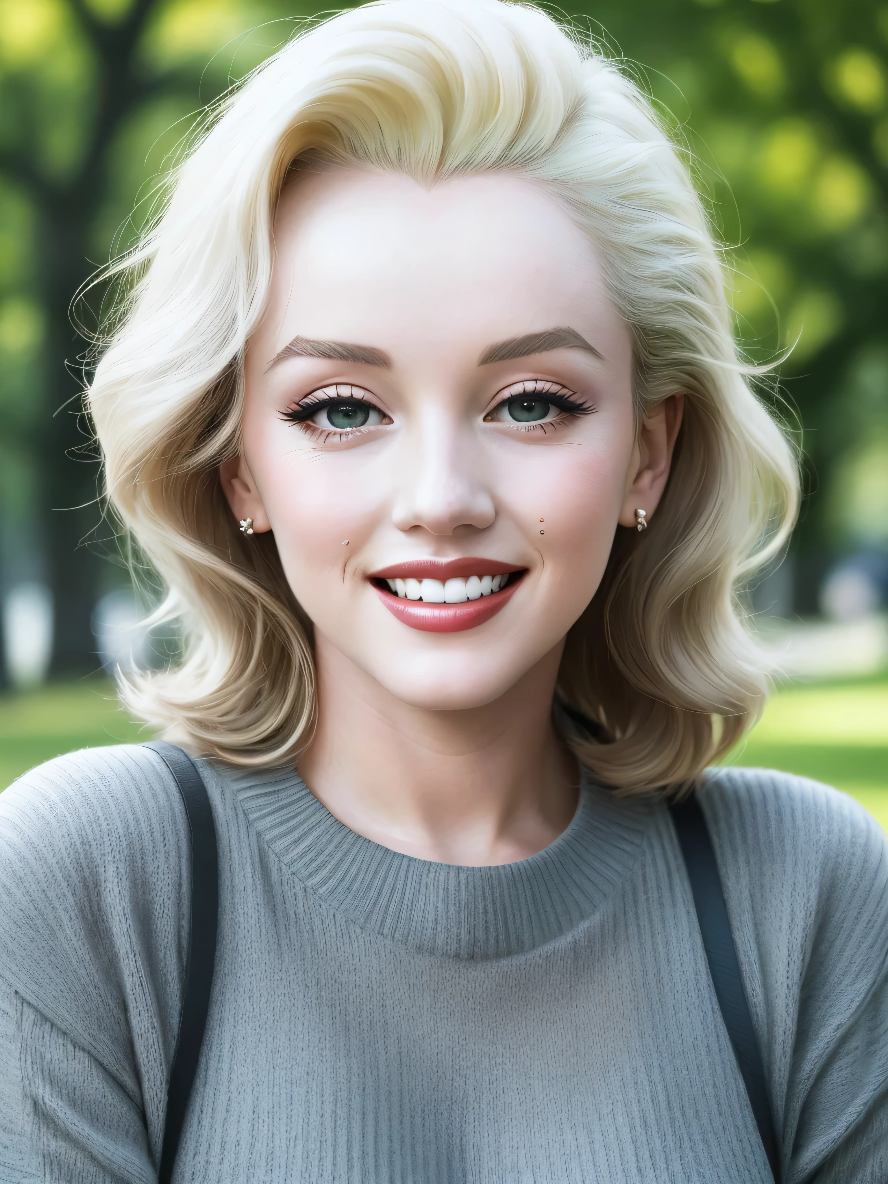 marilyn monroe wearing sweater, portrait, beautiful face, pretty eyes, outside, portrait, park, trees, teeth, eyes open, ward winning photo, best quality, upper body, JenniferConnelly, nikon d850 film stock photograph 4 kodak 400 camera f1.6 lens rich colors hyper realistic lifelike texture natural lighting trending on artstation cinestill 800, (100mm lens),