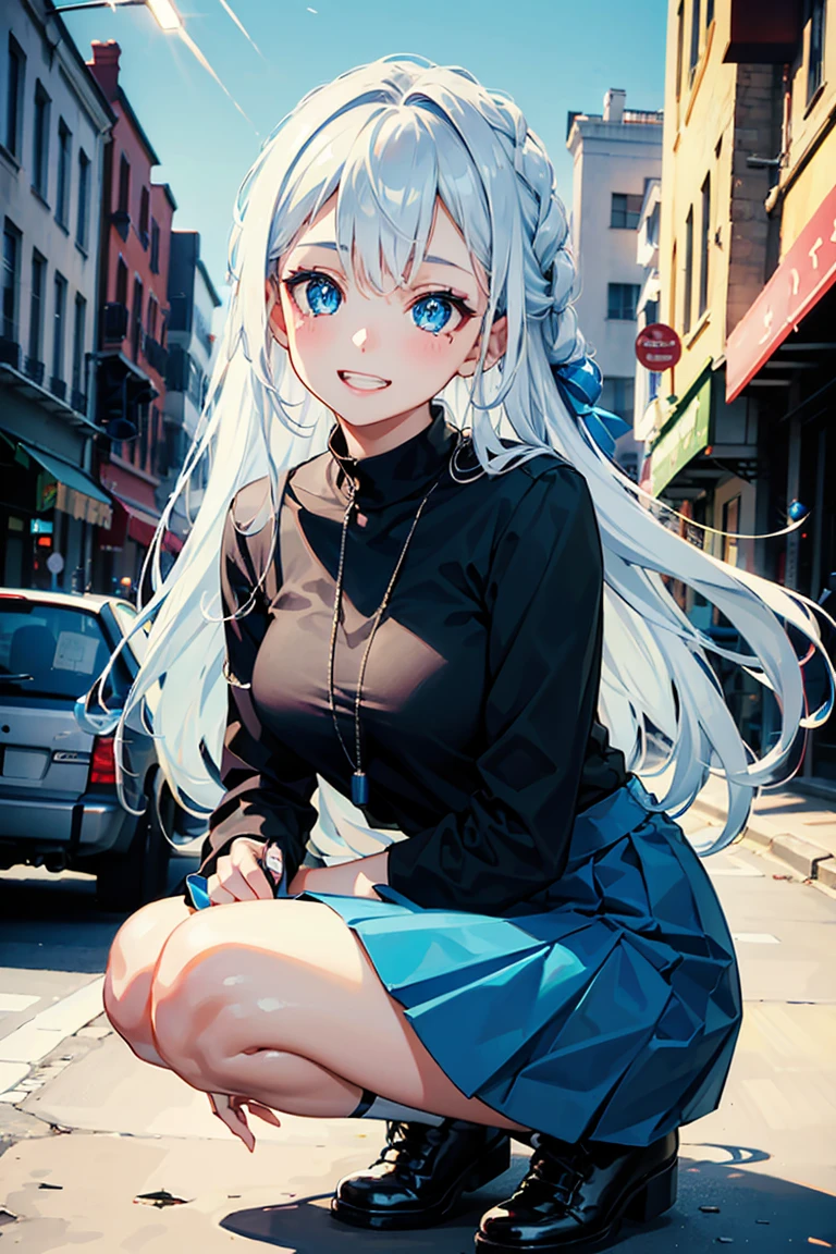((1 Girl)), Latest Trends in Clothing, Pleated skirt, Black clothes ,squat, Street fashion,Cowboy Shot,((Very detailed,Highest quality, High resolution, 8k wallpaper, Beautiful clothes,)),((White Hair, Long Hair,Straight hair,Braid)), (teeth), Grinning face, eye shadow, eyeliner,Glowing Eyes, Very detailed目, Clear Eyes, Beautiful Eyes, ((Sparkling blue eyes)), 18-year-old girl.