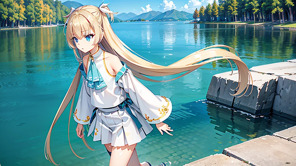 ((masterpiece)),(best quality),Official Art,Extremely detailed CG,Unity 8K wallpaper,Very detailed,Beautiful and delicate eyes,Extremely detailed face,1 girl,solitary,,(whole body:1.5),(small:1.3),,Sunny and cloudless,autumn,See the natural wonder of Western Australia - the "Pink Lake" Hutt Lagoon(Hutt Salt Lake)And the blue dock on the water,Walking on the long boardwalk,Teasing the kangaroo,Sailor Suit