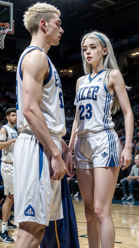 female teenager with white hair , light blue eyes and white skin, basketball player holding his partner full body