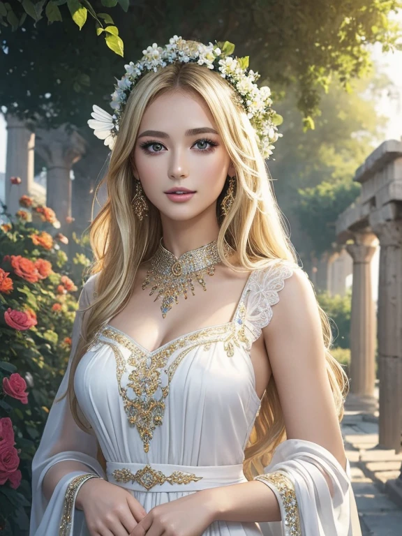 (Highest quality,Super detailed,High resolution,masterpiece,8K),Bright and vibrant colors,Official artwork,Greek white costume,Stylish makeup,Mid-length, shiny blonde hair fluttering in the wind,Captivating eyes,Glossy Lips,Beautiful woman with ample breasts,Beautiful neck line, Holding,Captivating smile,whole body,A solemn atmosphere,Old Temple,garden,flower,bird,pigeon,Detailed CG,