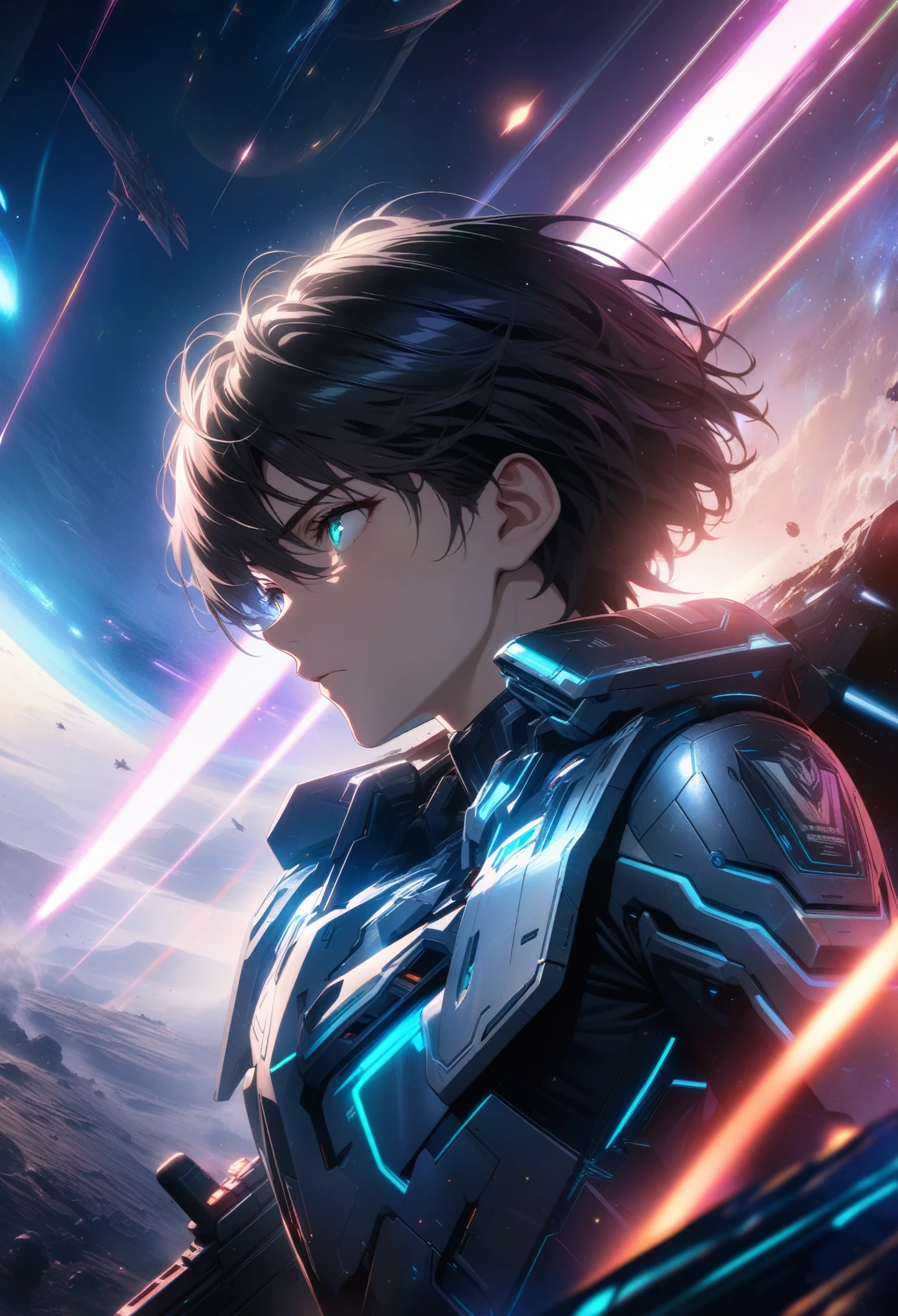 Masterpiece, Best Quality, Super Detailed, High Definition, Expensive Resolution, HDR, Super Detailed CG, Beautiful Details, Depth, Fine Texture, Super Fine, Complete concentration, male Space Force, Handsome man, short hair, black hair, emerald eyes, silver neon armor, (holding a laser gun), Cold face and eyes, futuristic, ethereal atmosphere, glowing planets, war, magical glow, intricate details, volumetric lighting, iridescent colors, glowing lighting, atmospheric lighting, lens flare, Cinematic light, colorful light, particles, black and white colors schemes, sci-fi space battle, Space War, spaceship in background, 