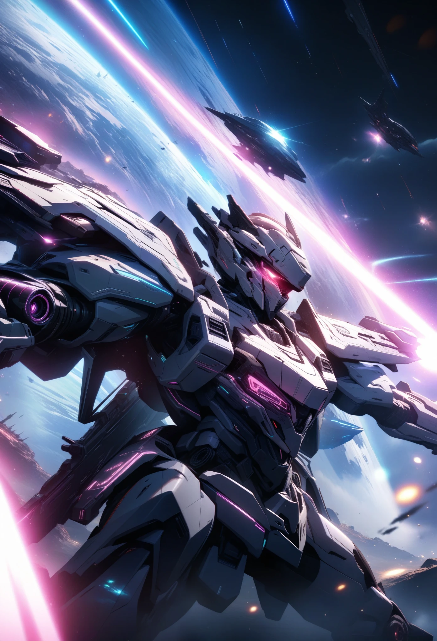 Masterpiece, Best Quality, Super Detailed, High Definition, Expensive Resolution, HDR, Super Detailed CG, Beautiful Details, Depth, Fine Texture, Super Fine, Complete concentration, male Space Force, Handsome man, short hair, black hair, emerald eyes, silver neon armor, (holding a laser gun), Cold face and eyes, futuristic, ethereal atmosphere, glowing planets, war, magical glow, intricate details, volumetric lighting, iridescent colors, glowing lighting, atmospheric lighting, lens flare, Cinematic light, colorful light, particles, black and white colors schemes, sci-fi space battle, Space War, spaceship in background,