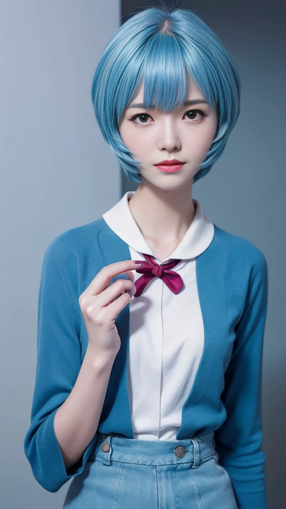 (Highest quality, High resolution, Tabletop:1.2), One Girl, ayanamirei, Bobcut, uniform,high school girl、 Upper Body View、Interface Headset, background, Light blue hair color, Expressionless, Apply blush all over the face, Embarrassing, View your viewers