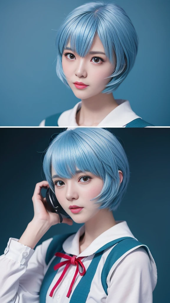(Highest quality, High resolution, Tabletop:1.2), One Girl, ayanamirei, Bobcut, uniform,high school girl、 Upper Body View、Interface Headset, background, Light blue hair color, Expressionless, Apply blush all over the face, Embarrassing, View your viewers