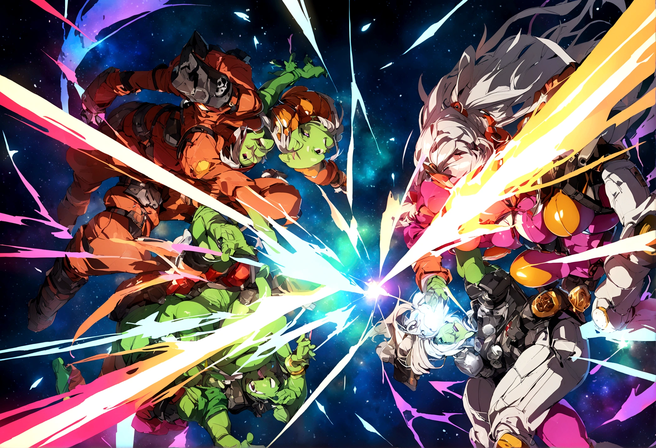 A battle is happening in space. Space fairies (cute women in sparkly blue sexy outfits that leave sparkling magic trails) are shooting lightning at space goblins (hot ugly women, green skin, a little chunky, big tits, wide hips, scrap metal space suits, scrap metal ships, scrap metal weapons, skull insignias) the goblins and fairies are having a epic space battle, magical fight in space