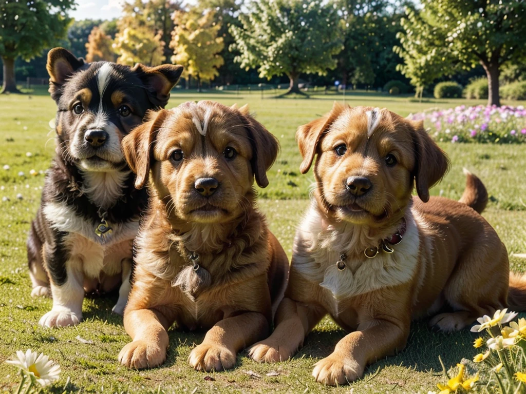 a group of adorable puppies, (best quality,4k,8k,highres,masterpiece:1.2),ultra-detailed,(realistic,photorealistic,photo-realistic:1.37),puppies playing in a grassy field, extremely detailed fur texture, cute puppy faces, big eyes, small noses, tiny pink tongues, puppies tumbling over each other, playful puppy expressions, bright sunny day, lush green grass, flowers blooming, warm golden hour lighting, vibrant colors, (soft lighting,natural lighting:1.2),depth of field, (masterpiece,intricate details:1.25),adorable puppies,cute dogs