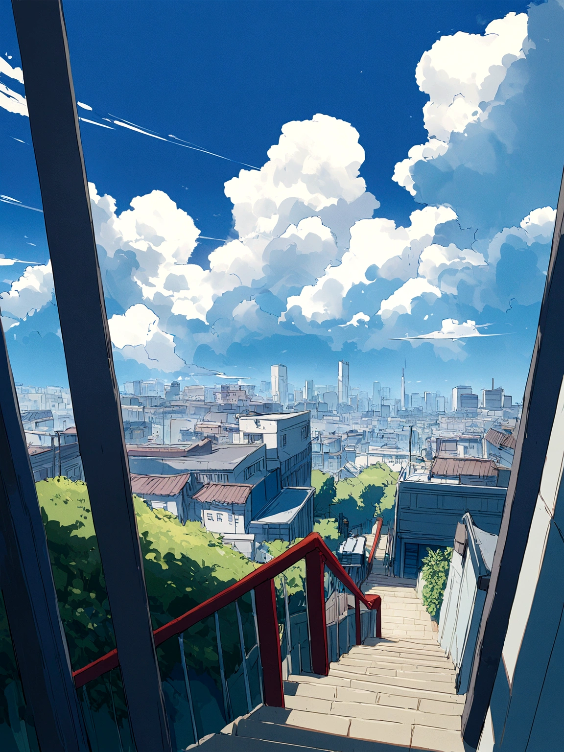 a picture taken from a high angle of a stairway leading to a city, an anime drawing by Makoto Shinkai, trending on pixiv, serial art, beautiful anime scene, style of makoto shinkai, tokyo anime scene, makoto shinkai. —h 2160, ( ( makoto shinkai ) ), beautiful anime scenery
