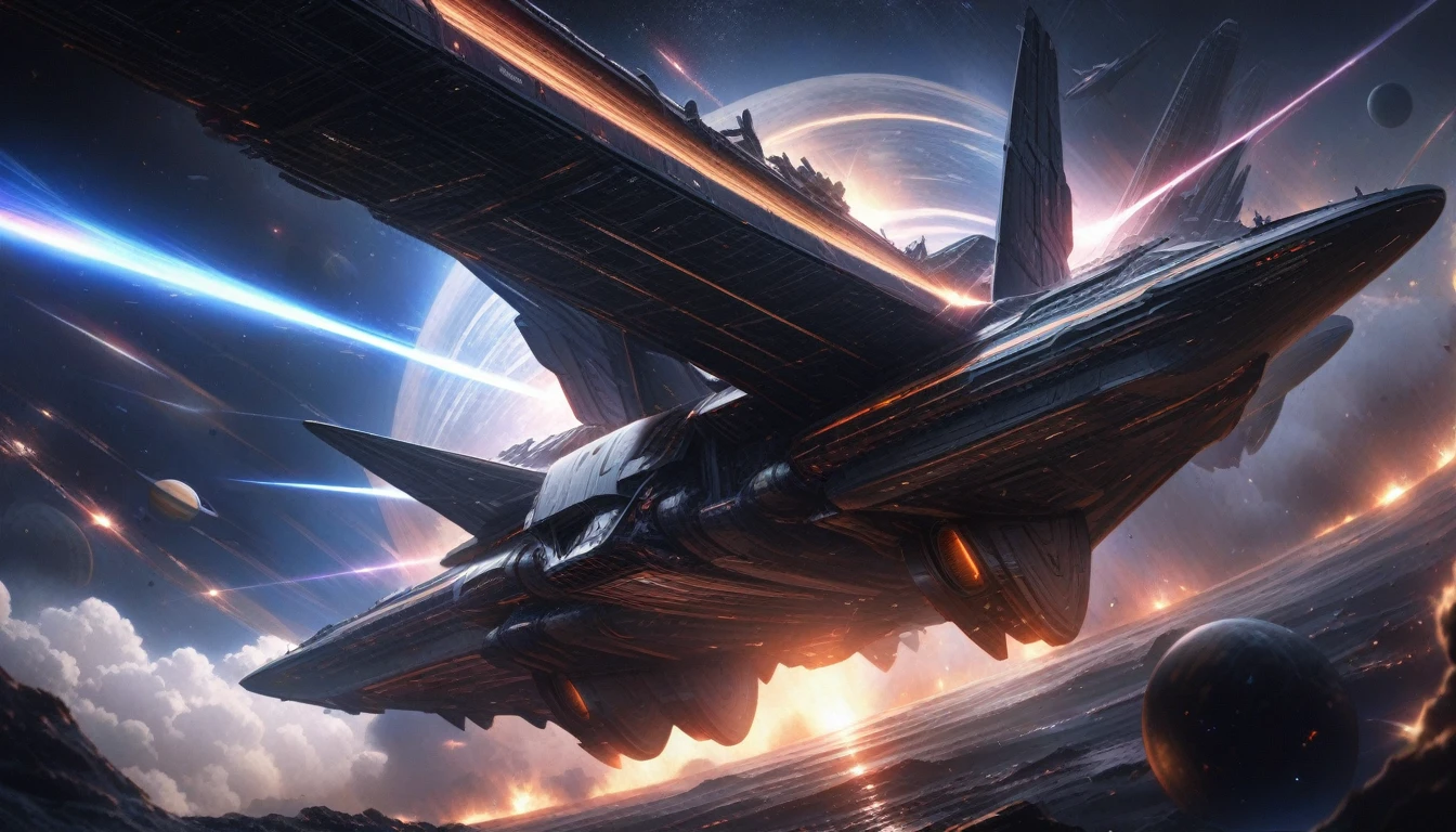 Ultra-realism, ((Masterpiece)), ((Best Quality)), (Very Detailed), ((Very Detailed)), 4K, (8K), very aesthetic, absurdres highres, A space war unfolds in the pitch-black unknown of space. The battle takes place in outer space, dotted with planets large and small, set against a jet-black background as giant spaceships battle fiercely while emitting flashes of beam cannons and smoke trails from missiles. The light trail of the beam cannon is tinged with energy waves, and the smoke trail has the power to distort space.A huge spaceship battleship with a comet and a distant galaxy shining in the background.
