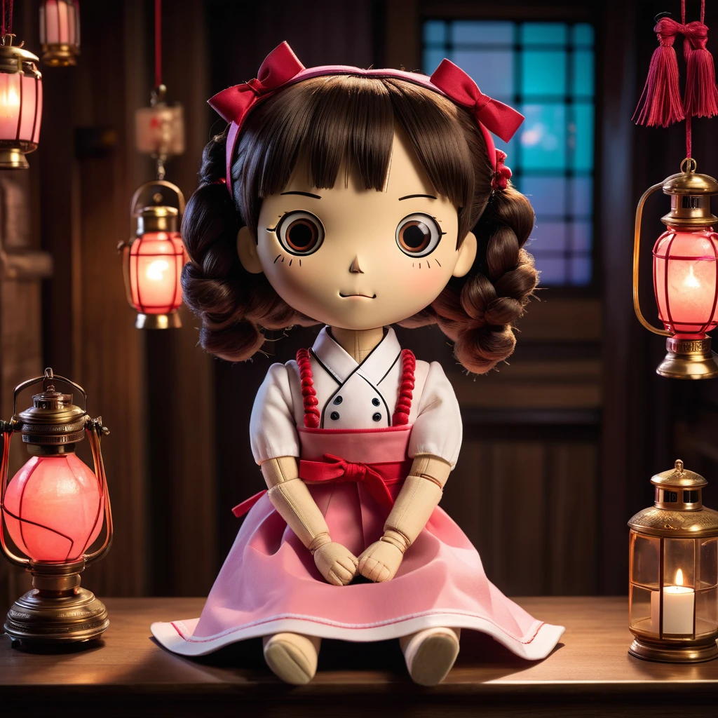 (knitted toy voodoo doll:1.9), (voodoo doll in the image of Chihiro Ogino from Spirited Away:1.3), (clothing: pink work uniform with white apron and red bow:1.0), (accessories: enchanted bath token that emits a soft glow, floating soot perfume:1.1), (background: mystical bathhouse with lanterns, ornate architecture and otherworldly atmosphere:1.2), best quality, masterpiece, detailed soft oil painting, detailed background, dramatic cinematic lighting, soft edge lighting, professional, dramatic lighting, hard edge lighting, ultra quality, 4k,masterpiece, best quality, 8k, ultra highres, highres, extremely detailed
