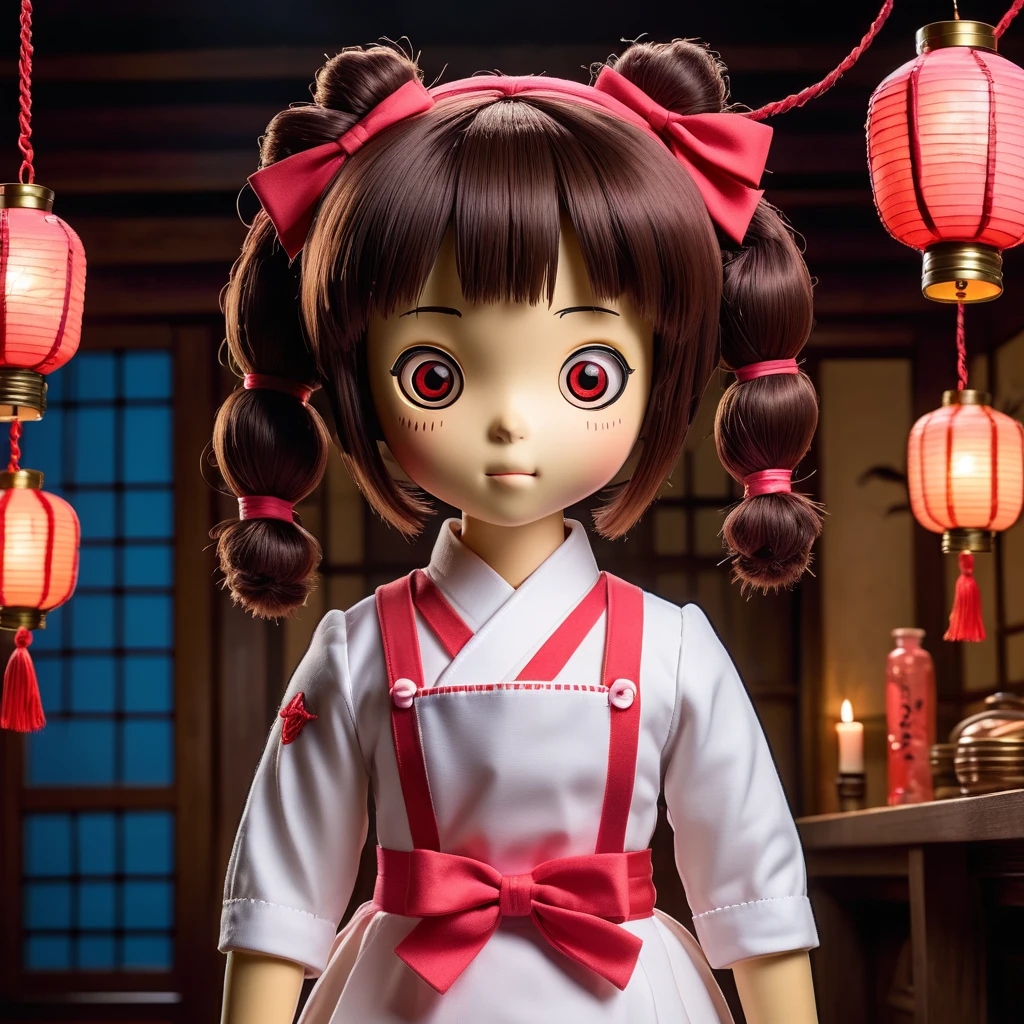 (knitted toy voodoo doll:1.9), (voodoo doll in the image of Chihiro Ogino from Spirited Away:1.3), (clothing: pink work uniform with white apron and red bow:1.0), (accessories: enchanted bath token that emits a soft glow, floating soot perfume:1.1), (background: mystical bathhouse with lanterns, ornate architecture and otherworldly atmosphere:1.2), best quality, masterpiece, detailed soft oil painting, detailed background, dramatic cinematic lighting, soft edge lighting, professional, dramatic lighting, hard edge lighting, ultra quality, 4k,masterpiece, best quality, 8k, ultra highres, highres, extremely detailed