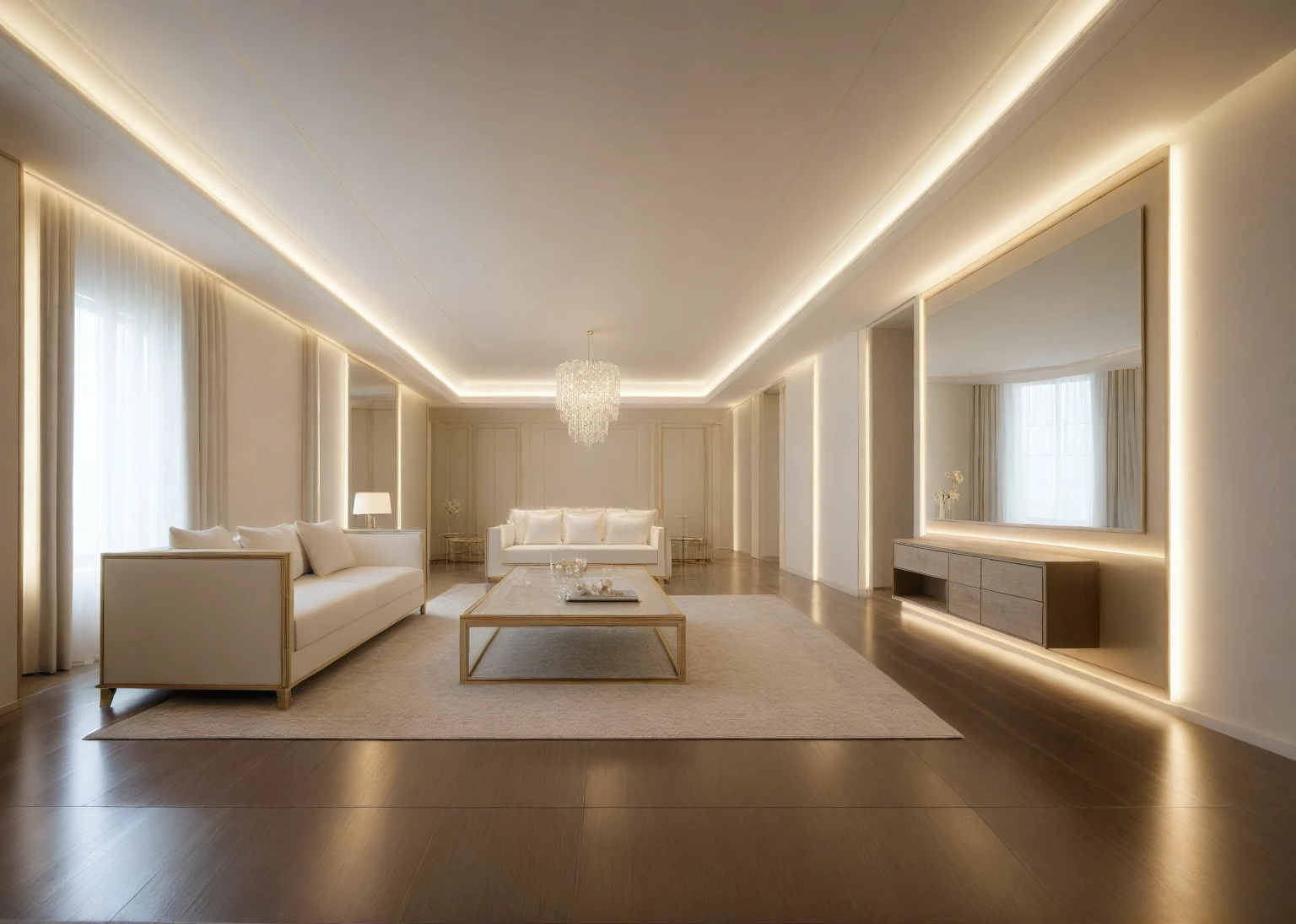 ,Masterpiece, Best quality,8K, Ultra-high resolution,When you step into the (living: 1.1) ,Immediately surrounded by a rich atmosphere of luxury. The space  was covered with a soft white fluffy blanket,It is so comfortable,So much so that you can't help but indulge in it。Embellished with precious porcelain and white-off gold ornaments。Whenever it is late afternoon,The afterglow from the window spilled on the floor,Soft light and shadow are reflected,It was as if entering a dreamland. ((Wooden chair and table : 1.3)), ((COLUMN MIRROR : 1.3))