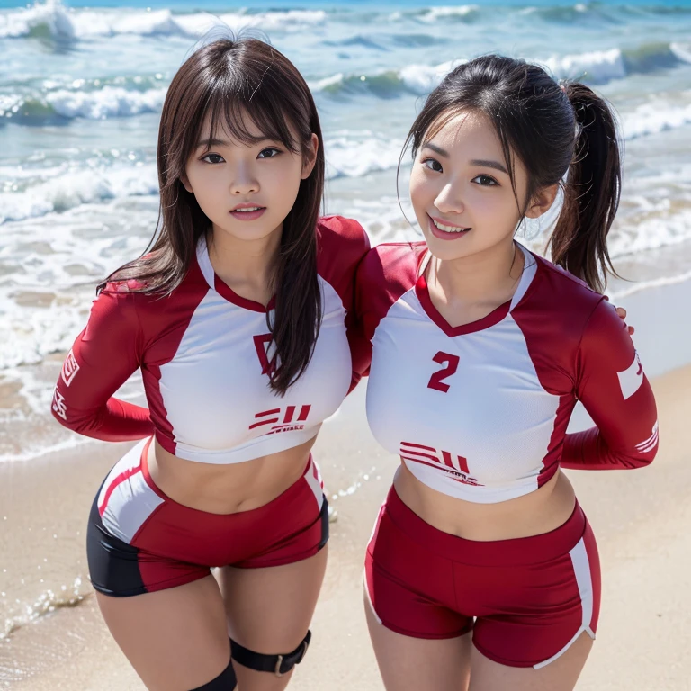 (2 beautiful Korean women volunteers, age 28, wearing White Tight Lightweight Synthetic Korea Volleyball Jersey, Red Spandex Shorts, Ankle Braces and Knee Pads, Collecting Ocean Debris, Early Dawn On The Beach, thoughtful expression, kind smile, dimpled chins, cute snaggle-tooth, bob hair, short ponytail, symmetrical face, beautiful detailed face, beautiful detailed eyes, perfect body proportion, ample round bosom, photorealistic, hyper-realism, high contrast, ultra HD, realistic skin textures, top image quality, top-quality, super high resolution, fine details, very meticulously, masterpiece, head to knees, High Angle Shot, bokeh background) #WorldOceansDay