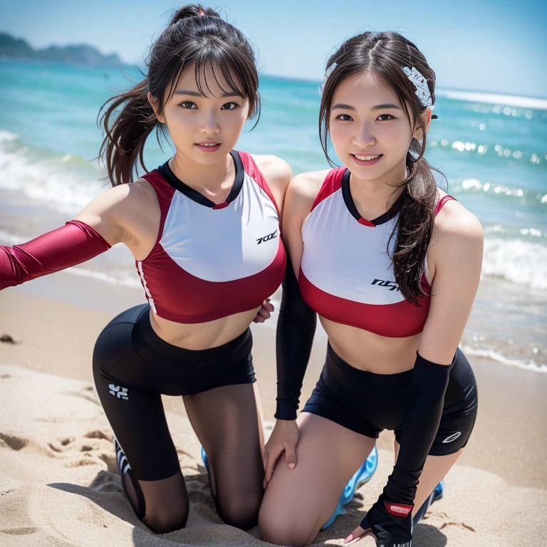 (2 beautiful Korean women volunteers, age 28, wearing White Tight Lightweight Synthetic Korea Volleyball Jersey, Red Spandex Shorts, Ankle Braces and Knee Pads, Collecting Ocean Debris, Early Dawn On The Beach, thoughtful expression, kind smile, dimpled chins, cute snaggle-tooth, bob hair, short ponytail, symmetrical face, beautiful detailed face, beautiful detailed eyes, perfect body proportion, ample round bosom, photorealistic, hyper-realism, high contrast, ultra HD, realistic skin textures, top image quality, top-quality, super high resolution, fine details, very meticulously, masterpiece, head to knees, High Angle Shot, bokeh background) #WorldOceansDay