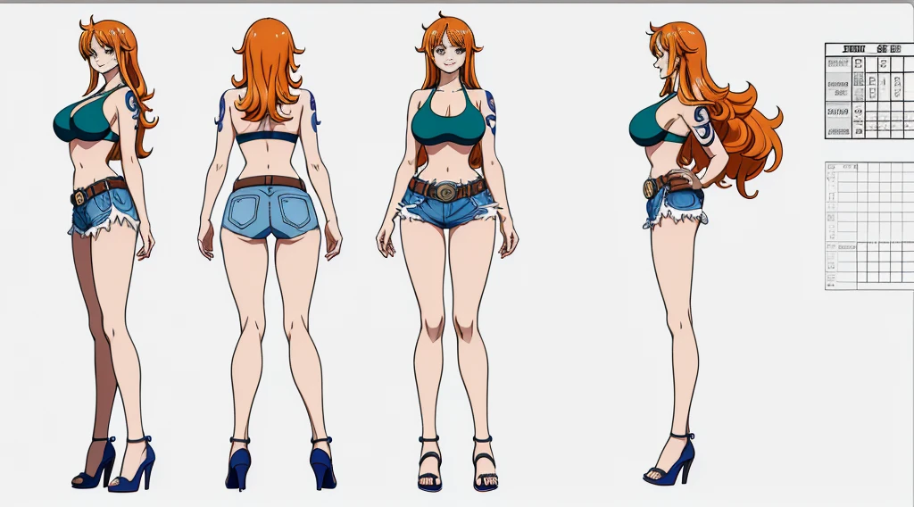((Best Quality)), ((Masterpiece)), (((detailed character sheet, frontal view, side view, three quarter view))) white background、one piece、US、whole body、whole bodyイラスト、whole bodyアニメーション、whole bodyリファレンスシート、denim、Tank top、High heels、Swimwear、Bikini、original、New World、Long Hair、Orange Hair、Tattoo on left arm、Ring belt、Heighten your head、smile、Cute face、Big Breasts、Narrow waist、Long legs、Beautiful feet、9 heads