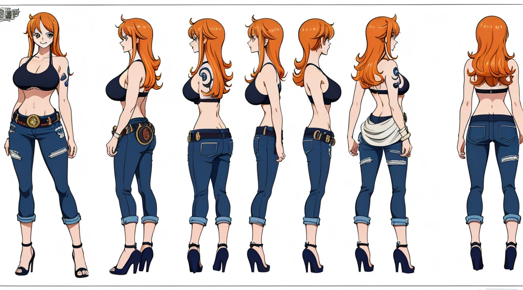 ((Best Quality)), ((Masterpiece)), (((detailed character sheet, frontal view, side view, three quarter view))) white background、one piece、US、whole body、whole bodyイラスト、whole bodyアニメーション、whole bodyリファレンスシート、denim、Tank top、High heels、Swimwear、Bikini、original、New World、Long Hair、Orange Hair、Tattoo on left arm、Ring belt、Heighten your head、smile、Cute face、Big Breasts、Narrow waist、Long legs、Beautiful feet、9 heads