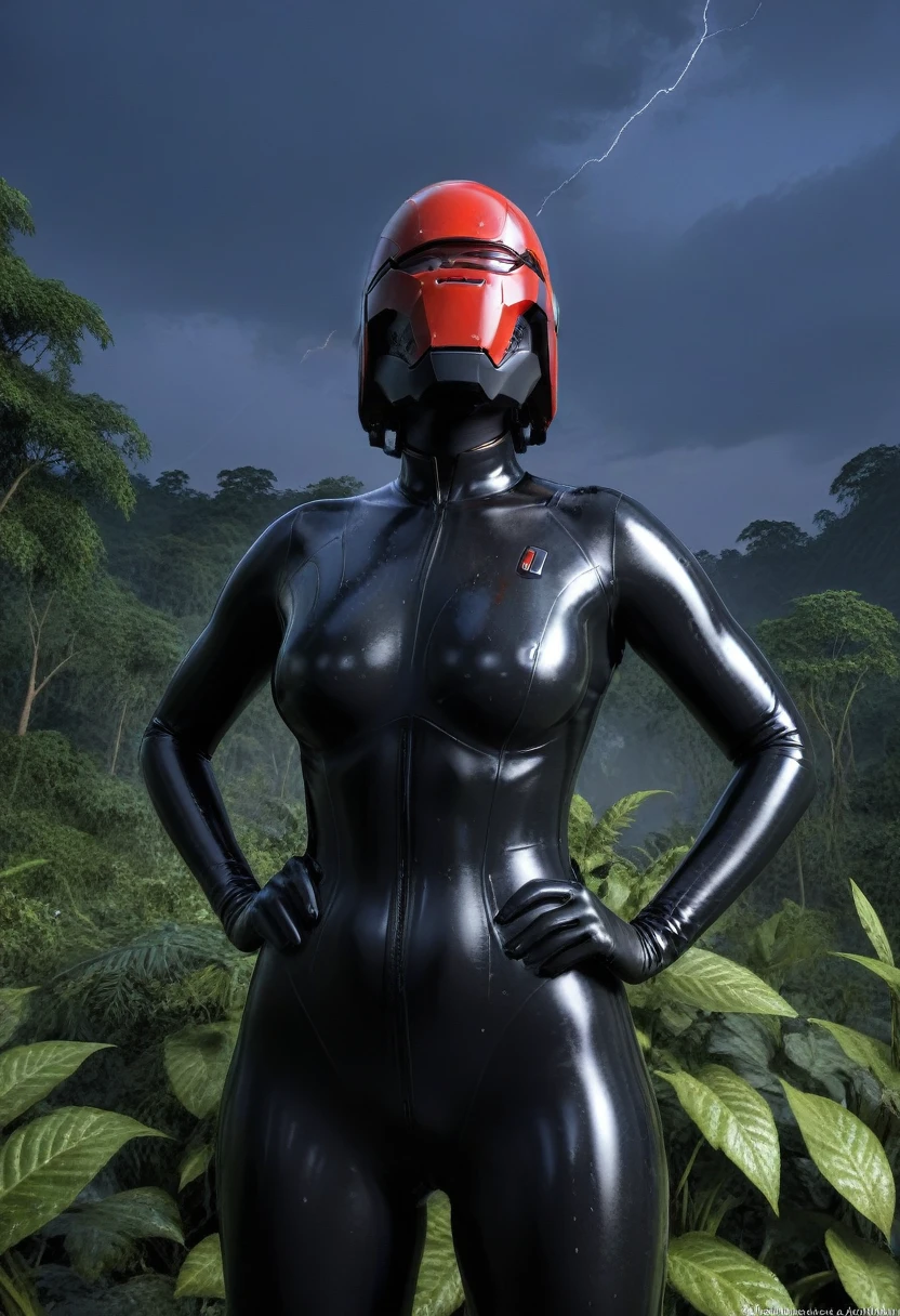 zPDXL, source_anime, BREAK Trilla, helmet with red visor, , armor,black gloves,tight bodysuit,,black pants, BREAK close-up, solo, standing, front view, medium breasts, hands on hips, wide hips, BREAK x3dce, 3d, jungle background, dense vegetation, rain, night, night sky,