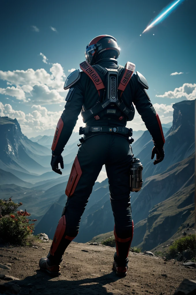 Masterpiece, highest quality, rear angle, Highly detailed photo of a (female space soldier wearing red and black race suit, helmet, with tinted face shield, rebreather, accentuated booty), athletic body, big ass, [wide hips], (investigating a strange glowing alien artifact), on alien exoplanet, (mountains:1.1), (exotic rain forest), lush vibrant foliage, (two moons in the sky:0.8), (hyperdetailed, intricately detailed), background by Jessica Rossier, (sci-fi), during the day, (lens flare:0.5), (bloom:0.6), particle effects, (cinematic lighting:1.1), sharp shadows, ambient light, [bioluminescente], raytracing, photographed on a Fujifilm X-S10 Mirrorless Camera, 25mm F2.8 ultra-wide-angle lens, sharp focus, Cinestill 800T, still frame from Gravity 2013, 8k, HDR, from behind