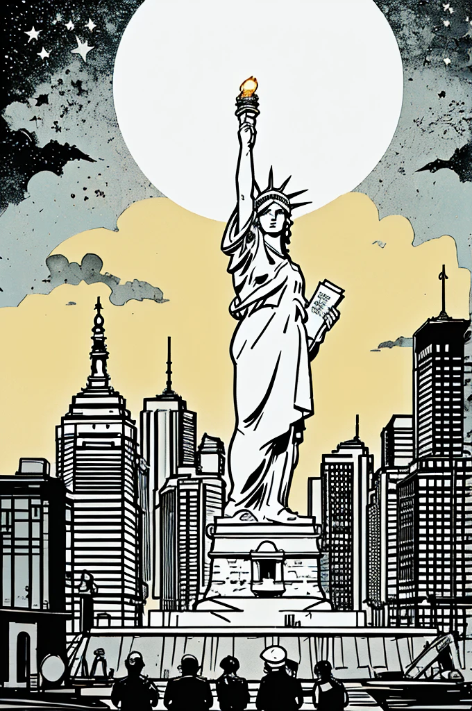 illustration, day time, bright colors. statue of liberty and city sky line, ultra detailed, vector style, photo realistic