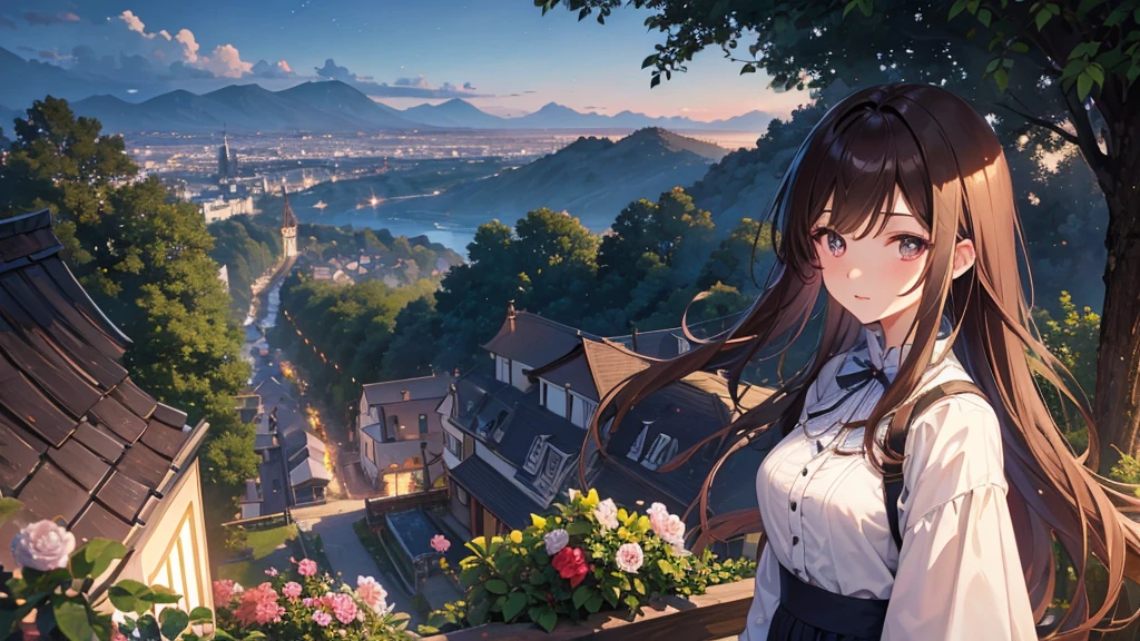 masterpiece,Highest quality,One girl,Hair color is brown，semi-long, Kind eyes，Gradient Hair,countryside,Cityscape,Flowers and plants,night空,scenery,night,Light perception