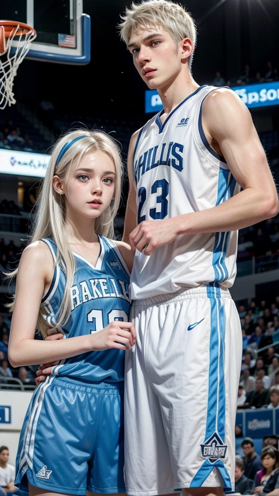 female teenager with white hair , light blue eyes and white skin, basketball player holding his partner