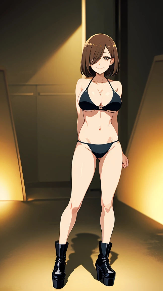 (High resolution, best quality:1.2), (40 years old:1.8), smiling, straight eyes, arms behind back, (pigeon toed:1), anime-style illustration of a housewife with huge breasts, brown hair covering one eye, wearing a metallic bikini and platform boots. She is standing in a dark room full of darkness. She has a devilish smile on her face. The background is lit by a mysterious light and there are large machines lined up.