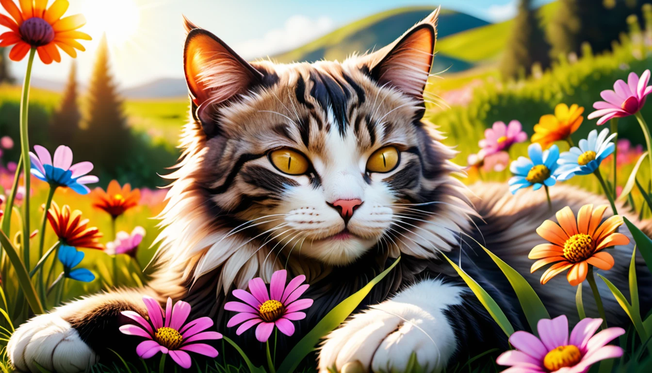 (photography film style), anthropomorphic, cute Cat Napping in a Flower Field, Colorful flowers, soft grass, a small pillow for the cat, cute bright flower field with sunlight streaming in, Lying down with eyes closed, looking content and peaceful, Relaxation and tranquility in nature, 2D, colorful, warm atmosphere, shiny