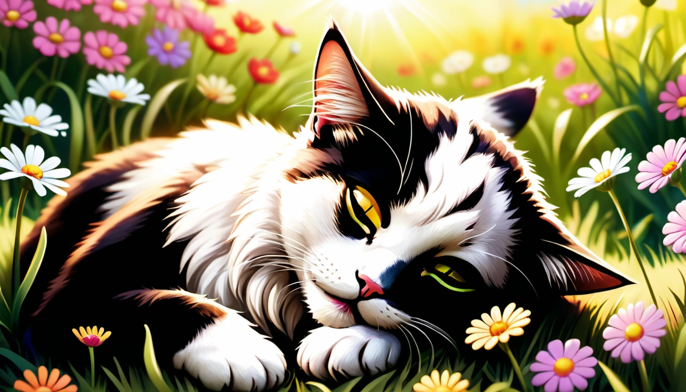 (photography film style), anthropomorphic, cute Cat Napping in a Flower Field, Colorful flowers, soft grass, a small pillow for the cat, cute bright flower field with sunlight streaming in, Lying down with eyes closed, looking content and peaceful, Relaxation and tranquility in nature, 2D, colorful, warm atmosphere, shiny