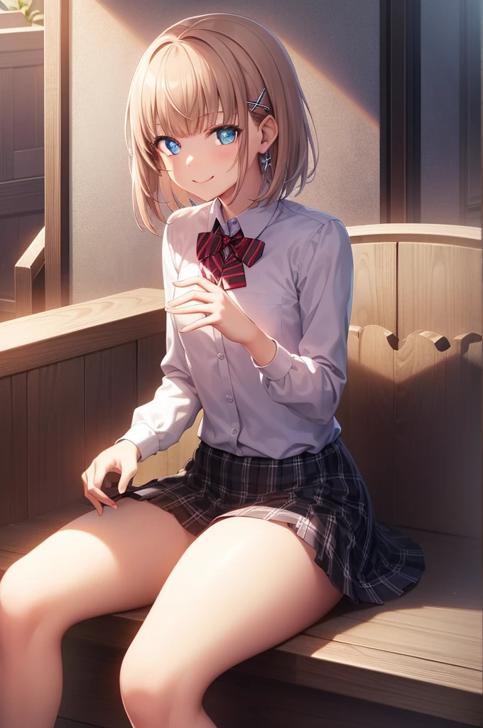 detectivelunch break, Smile, short hair, Bangs, blue eyes, shirt, Hair accessories, Long sleeve, skirt, bow, White hair, hairpin, blunt Bangs, bowtie, red bow, x Hair accessories, red bowtie, lunch break, (Medium chest:1.2), rest looking at viewer, rest outside, rest (masterpiece:1.2), best quality, high resolution, Unity 8k wallpaper, (illustration:0.8), (Beautiful and delicate eyes:1.6), Extremely detailed face, Perfect lighting, Extremely detailed CG, (Perfect hands, Perfect anatomical structure),