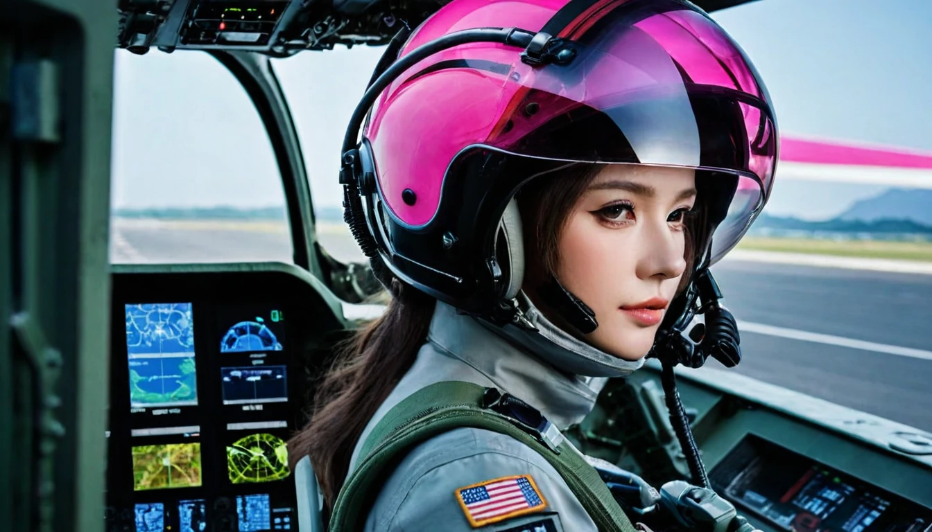 One girl, (Beautiful Face), Female fighter jet pilot, Holding a pilot pink helmet with LED interactive screen and HUD head up display on the visor, Visor-displayed targeting system, Communication Systems, Open the visor, Sexy pose, Floating Hair, Are standing, (Upper thigh shot:1.3), DT Helmets, Stationed at the airport, Advanced Fighter Background, (Intricate details), High resolution, (Intricate details, Ultra-detailed:1.2), Cinematic shots, ((masterpiece, high quality, 最high quality, Official Art, Beautiful and aesthetic, Detailed face, Fine grain)),