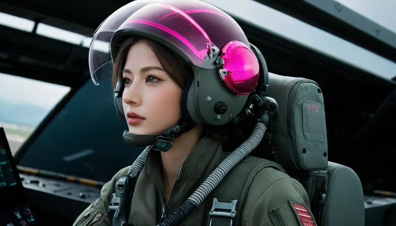 One girl, (Beautiful Face), Female fighter jet pilot, Holding a pilot pink helmet with LED interactive screen and HUD head up display on the visor, Visor-displayed targeting system, Communication Systems, Open the visor, Sexy pose, Floating Hair, Are standing, (Upper thigh shot:1.3), DT Helmets, Stationed at the airport, Advanced Fighter Background, (Intricate details), High resolution, (Intricate details, Ultra-detailed:1.2), Cinematic shots, ((masterpiece, high quality, 最high quality, Official Art, Beautiful and aesthetic, Detailed face, Fine grain)),