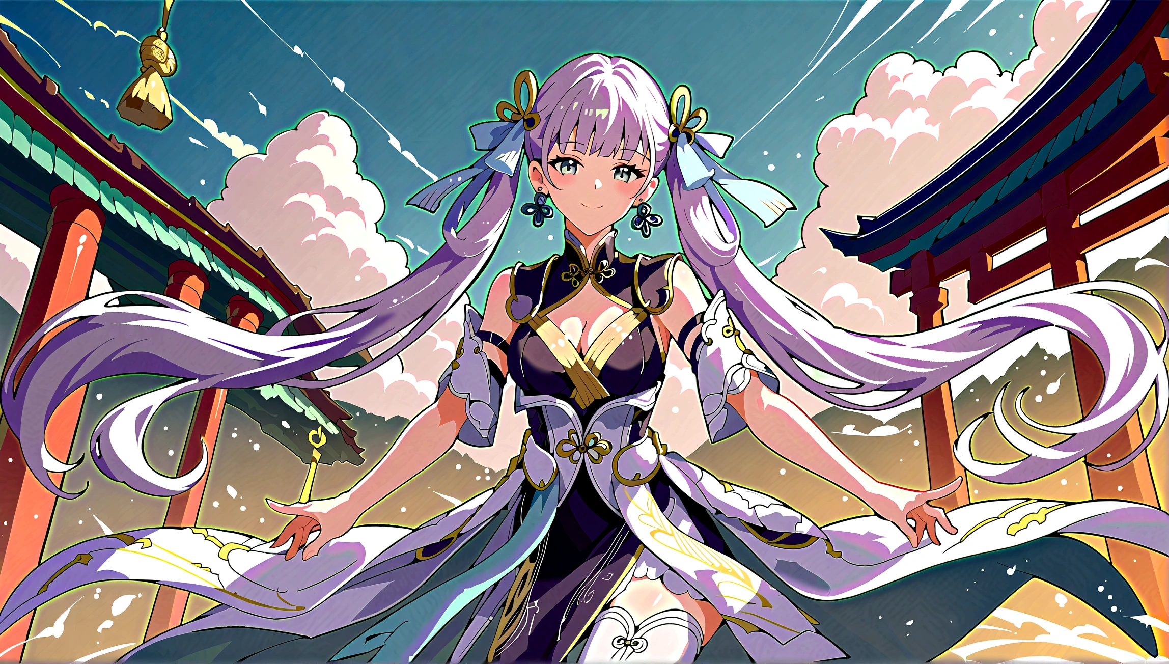 score_9, score_8_up, score_7_up, score_6_up, (masterpiece, top quality, best quality, official art, beautiful and aesthetic), centered, JinshiWW, long hair, twintails, hair rings, hair ornament, earrings, chinese clothes, two-tone dress, black dress, white dress, cleavage cutout, armlet, white thighhighs, dynamic cute pose, close up, shy smile, cute, vibrant color, chinese temple background, Expressiveh