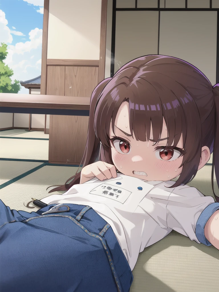 Dilapidated and dark Japanese-style room,blue sky,cloud,,On the tatami_Prone,Near the PC,from side, top-down bottom-up,indoor,1 Girl, 独奏, Red eyes, Twin tails, brown hair,crawling,((顔 focus)),upper body,Green dress shirt,Blue denim pants, bangs, eyebrows visible through hair, Flat Chest,Look Down,teeth ,annoyed,panicking,Write on loose-leaf paper with a pen,((Sweat)),
