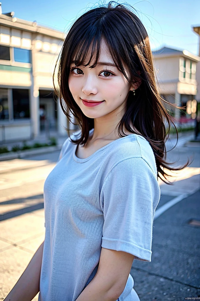 (8K, RAW Photos, Highest quality、masterpiece:1.2), (Realistic、Realistic:1.37), 1 girl, Laughter, View your audience, The background is blue sky, Blurred Background, Particles of light, Strong winds,
