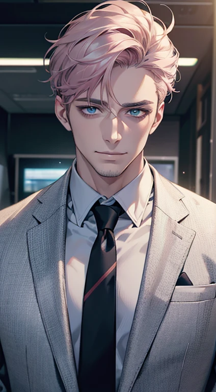 (best quality,4k,8k,highres,masterpiece:1.2),ultra-detailed,(realistic,photorealistic,photo-realistic:1.37),1 man,31 years old,mature man,very handsome,without expression,smile,short grey pink hair,blue eyes,penetrating gaze,perfect face without errors,imposing posture,businessman,office background,cinematic lighting,hdr image