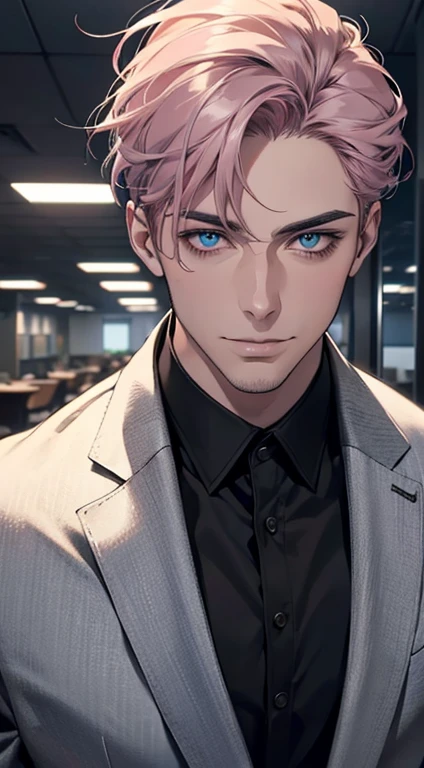 (best quality,4k,8k,highres,masterpiece:1.2),ultra-detailed,(realistic,photorealistic,photo-realistic:1.37),1 man,31 years old,mature man,very handsome,without expression,smile,short grey pink hair,blue eyes,penetrating gaze,perfect face without errors,imposing posture,businessman,office background,cinematic lighting,hdr image