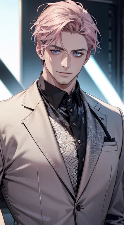 (best quality,4k,8k,highres,masterpiece:1.2),ultra-detailed,(realistic,photorealistic,photo-realistic:1.37),1 man,31 years old,mature man,very handsome,without expression,smile,short grey pink hair,blue eyes,penetrating gaze,perfect face without errors,imposing posture,businessman,office background,cinematic lighting,hdr image