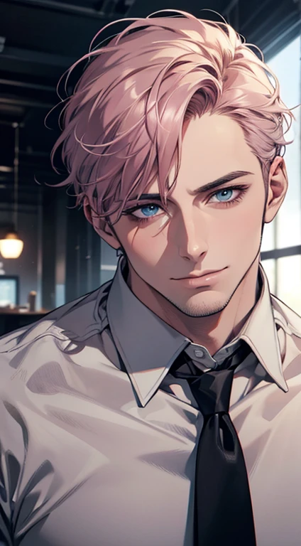 (best quality,4k,8k,highres,masterpiece:1.2),ultra-detailed,(realistic,photorealistic,photo-realistic:1.37),1 man,31 years old,mature man,very handsome,without expression,smile,short grey pink hair,blue eyes,penetrating gaze,perfect face without errors,imposing posture,businessman,office background,cinematic lighting,hdr image