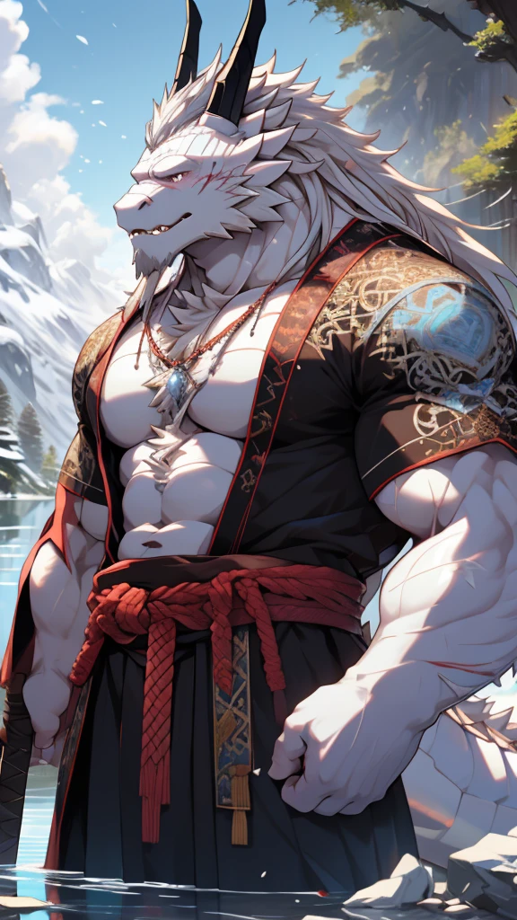 (masterpiece),(highres),(intricate details:1.4),extremely detailed,(illustration:1.2),8k,photorealistic,exquisite,solo,aged,elder male eastern dragon,muscular,Japanese swordsman,safeguard,manhood ,(white skin:1.7),(white hair:1.3),long hair,long white beard,scar,badly damaged,hurt,broken body ,the icey frozen lake,bleeding ,suffering,naked body