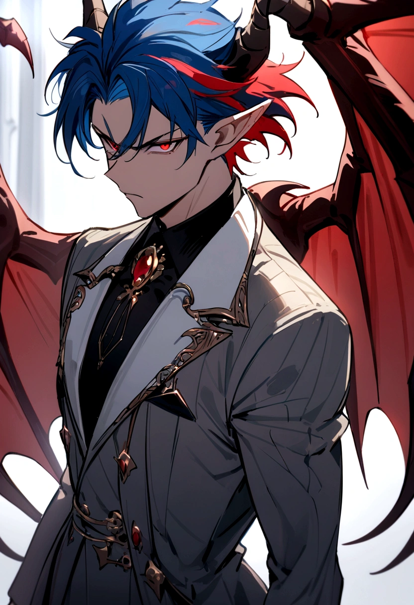 Masterpiece, detailed, Best Quality , 1 chico, masculine , red hair and blue hair , multicolored hair , 18 years, YOUNG, high , gabardina elegant , demonic horns ,dragon wings , short hair , serious expression , pointed ears , elegant , whole body , standing , Red eye , strong