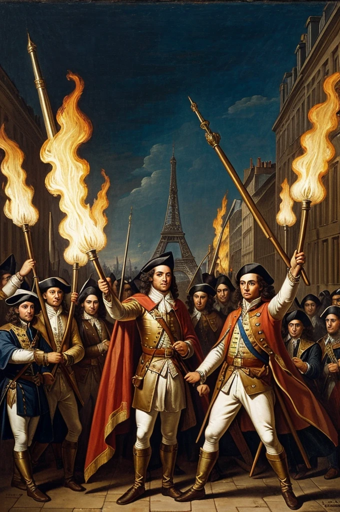 People of Paris in the year 1700 with pikes and torches starting a revolution