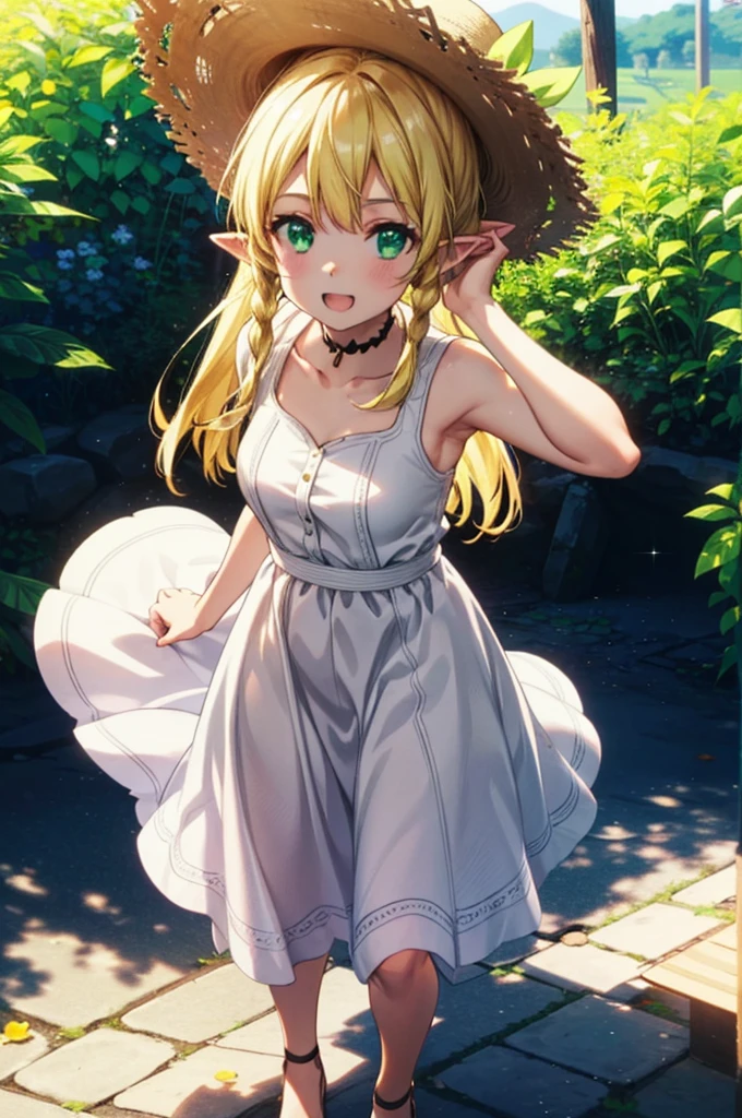 Suguhakirigaya, Suguhakirigaya, Long Hair,Blonde,Green Eyes,Pointy Ears,Short braids,happy smile, smile, Open your mouth,White straw hat,White sleeveless dress, bare arms,Green long skirt,Cute Sandals,Walking,Clear skies,whole bodyがイラストに入るように,
break outdoors, nature, forest,
break looking at viewer, whole body,
break (masterpiece:1.2), Highest quality, High resolution, unity 8k wallpaper, (shape:0.8), (Beautiful attention to detail:1.6), Highly detailed face, Perfect lighting, Extremely detailed CG, (Perfect hands, Perfect Anatomy),