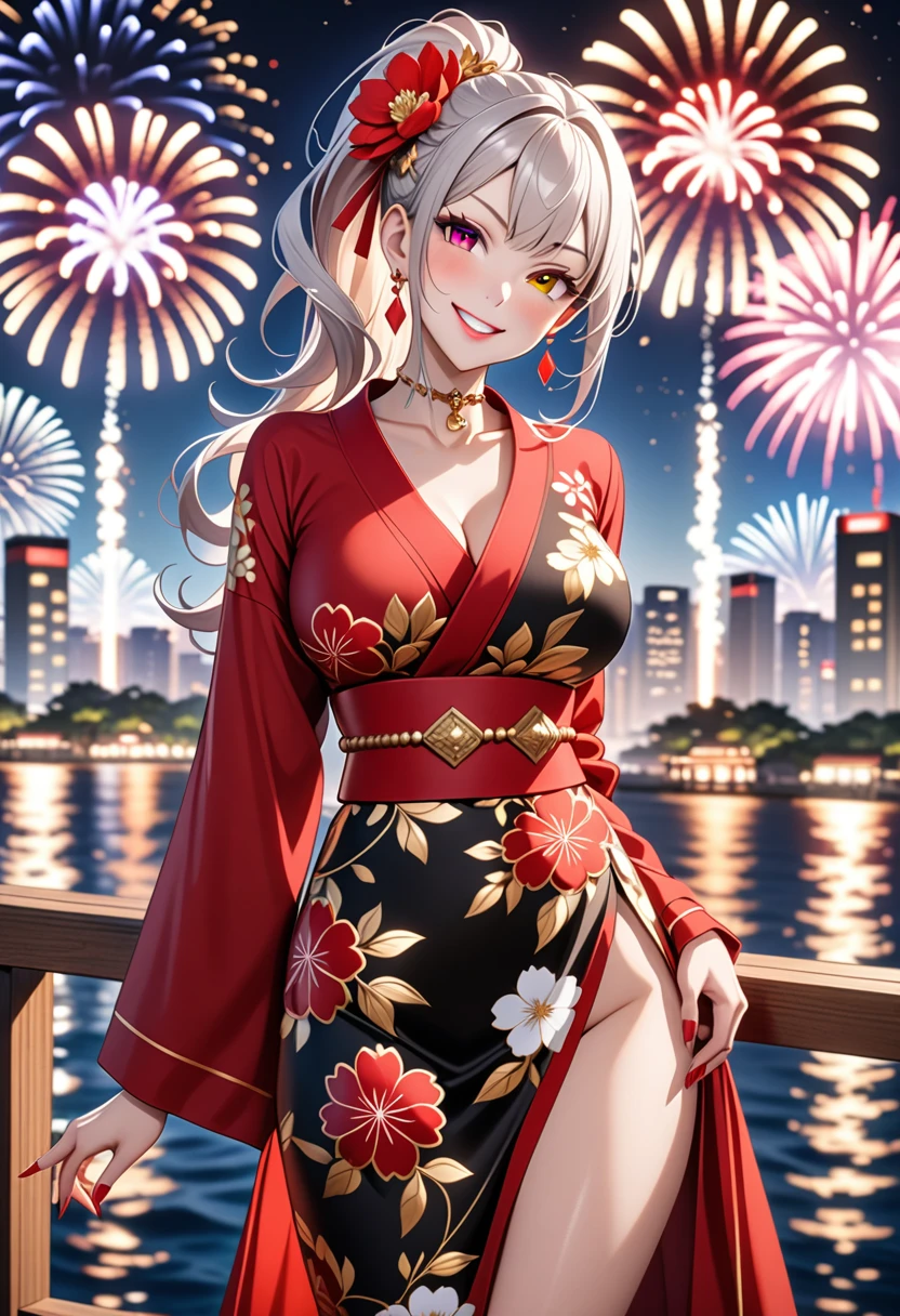 ((One personの女性)), Beautiful Face, (Laughing embarrassedly), (smirk:1.4), ((Wink:1.5)), (head tilt:1.3), Laugh with your mouth wide open, upper teeth, looking at viewer, (Doing sexy poses), ((Bright red cheeks:1.4)), Glossy Red Lips, night,Terrace with sea view, firework, Glossy pink lips, Shining Face, ((Anime style background)),masterpiece, Highest quality, so beautiful,up to date, Complex details, (long nails of red color), (nail art), (ring),(bracelet),(Floral choker), (helix piercing), AI-generated, Complex,High resolution, Highest quality, super high quality,3D Images、3D Images,One person,Long white hair,High Ponytail, Anime woman posing for a photo, ((Light pigmented eyes:1.2)), ((Fine grain、Silvery white eyes、Shining Eyes:1.4)), (Squint your eyes:1.1),a hyperRealistic , hyperRealistic , Realistic,Anime woman with long white hair, Smooth anime CG art, (A woman in a colorful kimono with gold embroidery), ((Black long sleeve kimono:1.3)), Red floral pattern,Long flower hair ornament,Earrings,Mature Body,(Big Breasts:1.2),Tall,Abdominal muscles,Tight waist, ((face focus:1.8)), (dutch angle:1.3),