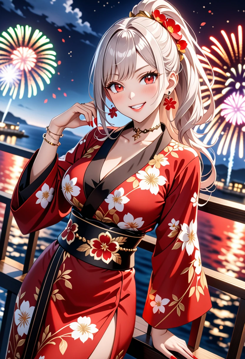 ((One personの女性)), Beautiful Face, (Laughing embarrassedly), (smirk:1.4), ((Wink:1.5)), (head tilt:1.3), Laugh with your mouth wide open, upper teeth, looking at viewer, (Doing sexy poses), ((Bright red cheeks:1.4)), Glossy Red Lips, night,Terrace with sea view, firework, Glossy pink lips, Shining Face, ((Anime style background)),masterpiece, Highest quality, so beautiful,up to date, Complex details, (long nails of red color), (nail art), (ring),(bracelet),(Floral choker), (helix piercing), AI-generated, Complex,High resolution, Highest quality, super high quality,3D Images、3D Images,One person,Long white hair,High Ponytail, Anime woman posing for a photo, ((Light pigmented eyes:1.2)), ((Fine grain、Silvery white eyes、Shining Eyes:1.4)), (Squint your eyes:1.1),a hyperRealistic , hyperRealistic , Realistic,Anime woman with long white hair, Smooth anime CG art, (A woman in a colorful kimono with gold embroidery), ((Black long sleeve kimono:1.3)), Red floral pattern,Long flower hair ornament,Earrings,Mature Body,(Big Breasts:1.2),Tall,Abdominal muscles,Tight waist, ((face focus:1.8)), (dutch angle:1.3),