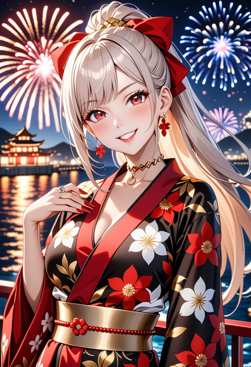 ((One personの女性)), Beautiful Face, (Laughing embarrassedly), (smirk:1.4), ((Wink:1.5)), (head tilt:1.3), Laugh with your mouth wide open, upper teeth, looking at viewer, (Doing sexy poses), ((Bright red cheeks:1.4)), Glossy Red Lips, night,Terrace with sea view, firework, Glossy pink lips, Shining Face, ((Anime style background)),masterpiece, Highest quality, so beautiful,up to date, Complex details, (long nails of red color), (nail art), (ring),(bracelet),(Floral choker), (helix piercing), AI-generated, Complex,High resolution, Highest quality, super high quality,3D Images、3D Images,One person,Long white hair,High Ponytail, Anime woman posing for a photo, ((Light pigmented eyes:1.2)), ((Fine grain、Silvery white eyes、Shining Eyes:1.4)), (Squint your eyes:1.1),a hyperRealistic , hyperRealistic , Realistic,Anime woman with long white hair, Smooth anime CG art, (A woman in a colorful kimono with gold embroidery), ((Black long sleeve kimono:1.3)), Red floral pattern,Long flower hair ornament,Earrings,Mature Body,(Big Breasts:1.2),Tall,Abdominal muscles,Tight waist, ((face focus:1.8)), (dutch angle:1.3),