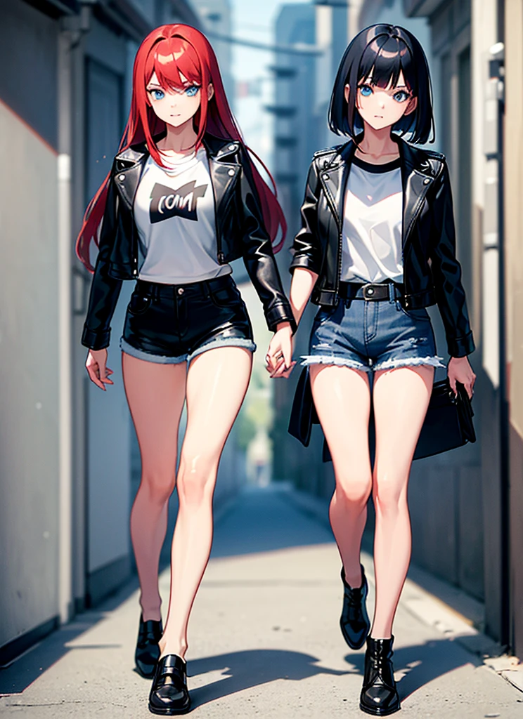 Two young girls, a young red-haired girl with blue eyes wearing a black leather jacket and a short white shirt with short blue denim shorts, and the second young girl with black hair, blue eyes, black leather jacket and black shirt with short blue denim shorts., walking, dos chicas walking, chatting, chicas chatting