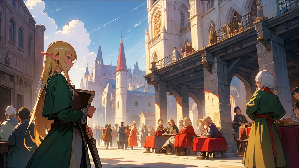 Anime Style,Nostalgic,Detailed background,The medieval world,A busy hotel with lots of people,Beautiful sky,Beautiful Elf with a Bard&#39;s Smile,guitar,Large Breasts,Healthy thighs