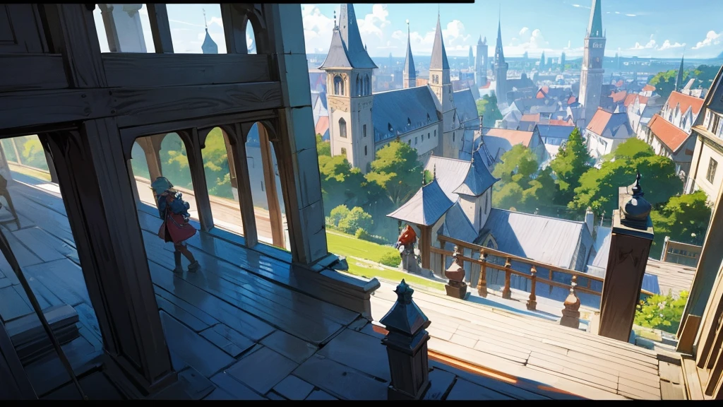 Anime Style,Nostalgic,Detailed background,The medieval world,A busy hotel with lots of people,Beautiful sky,Beautiful Elf with a Bard's Smile,guitar,Large Breasts,Healthy thighs